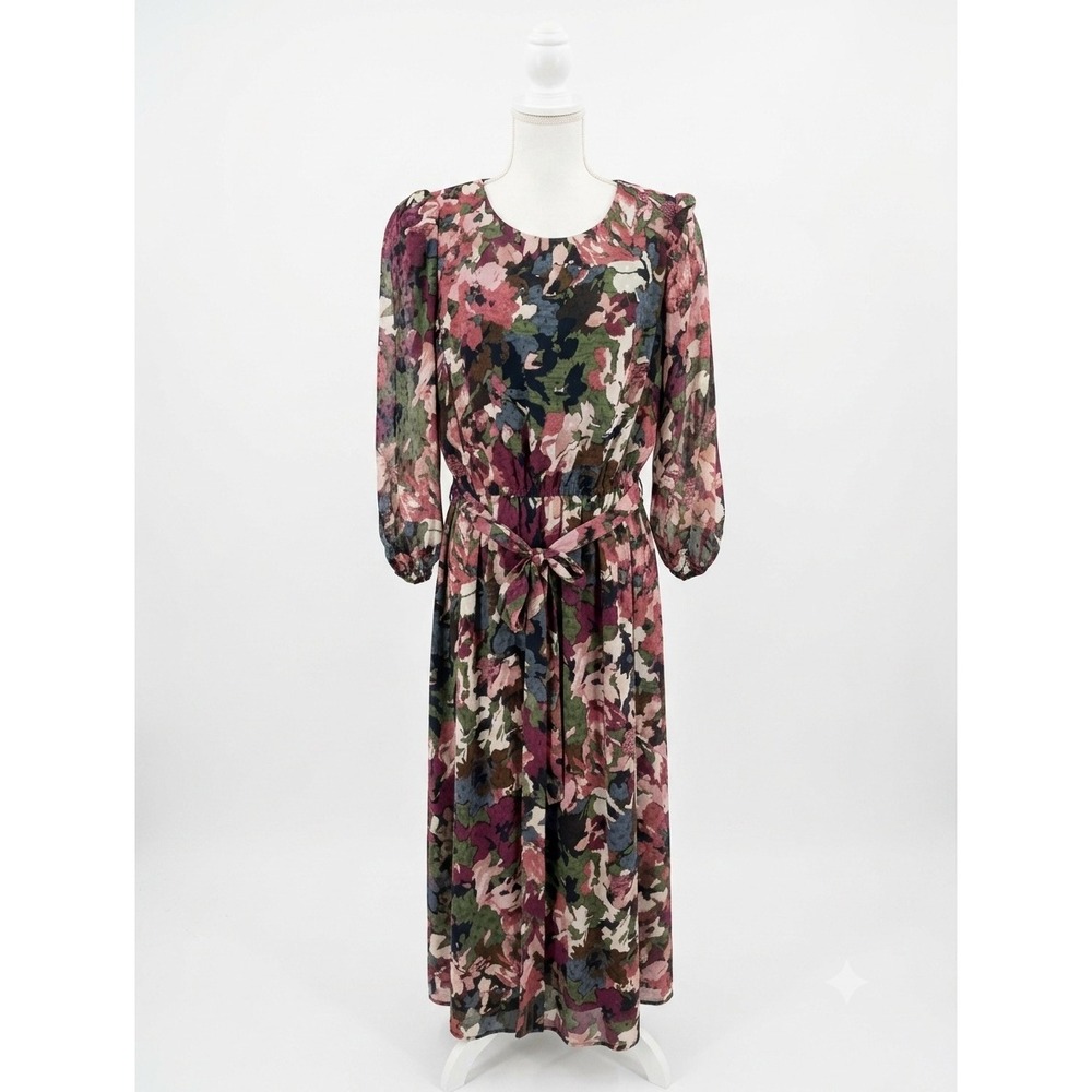 Anne Klein Floral Chiffon Midi Dress Burgundy Olive Green‎ Long Sleeve 1706